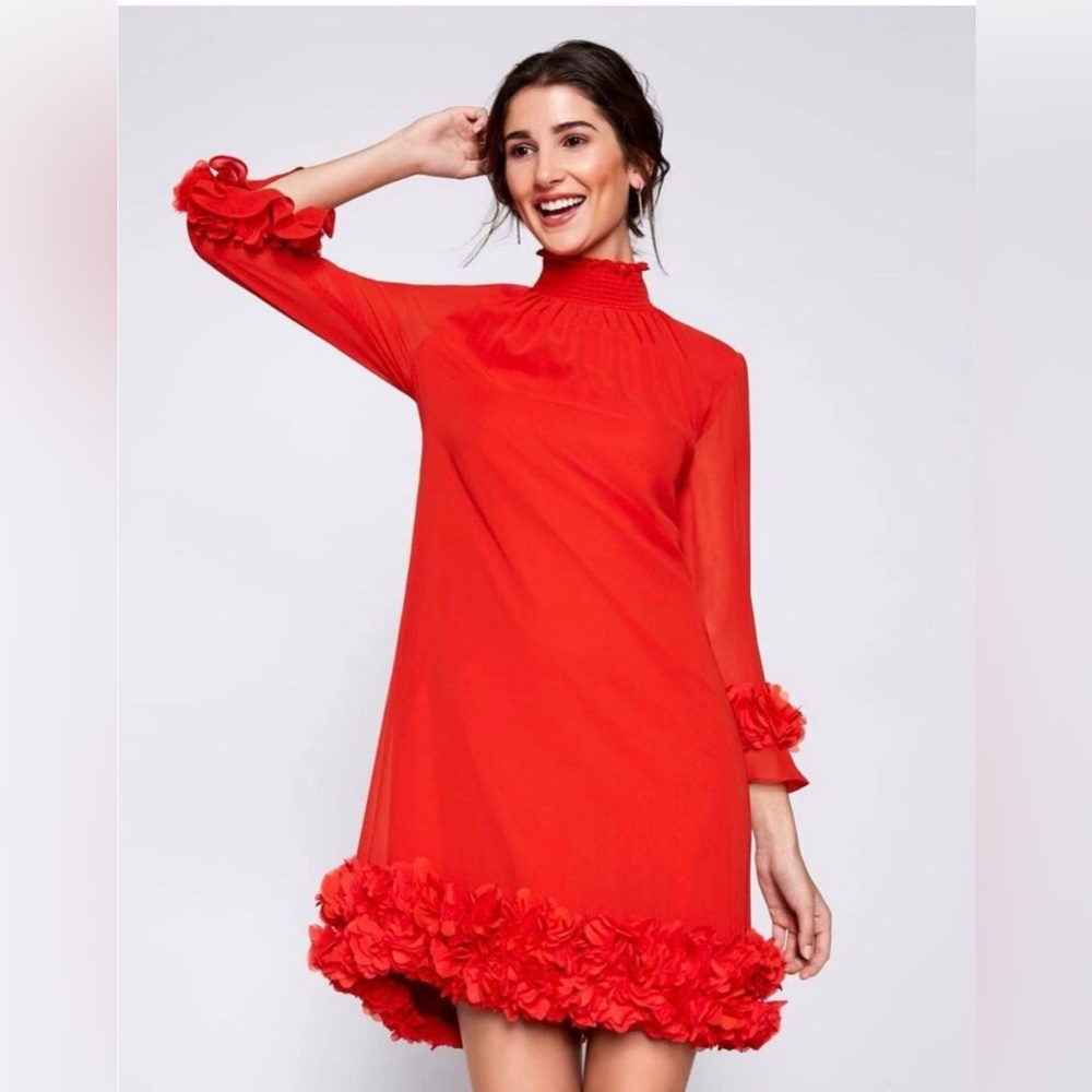 Alex Marie Red Ruffle-Hem Long Sleeve Dress